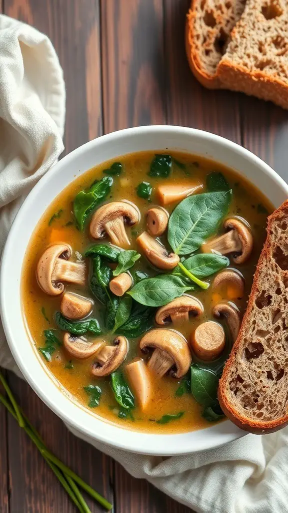 A bowl of mushroom and spinach soup with a slice of bread on the side.