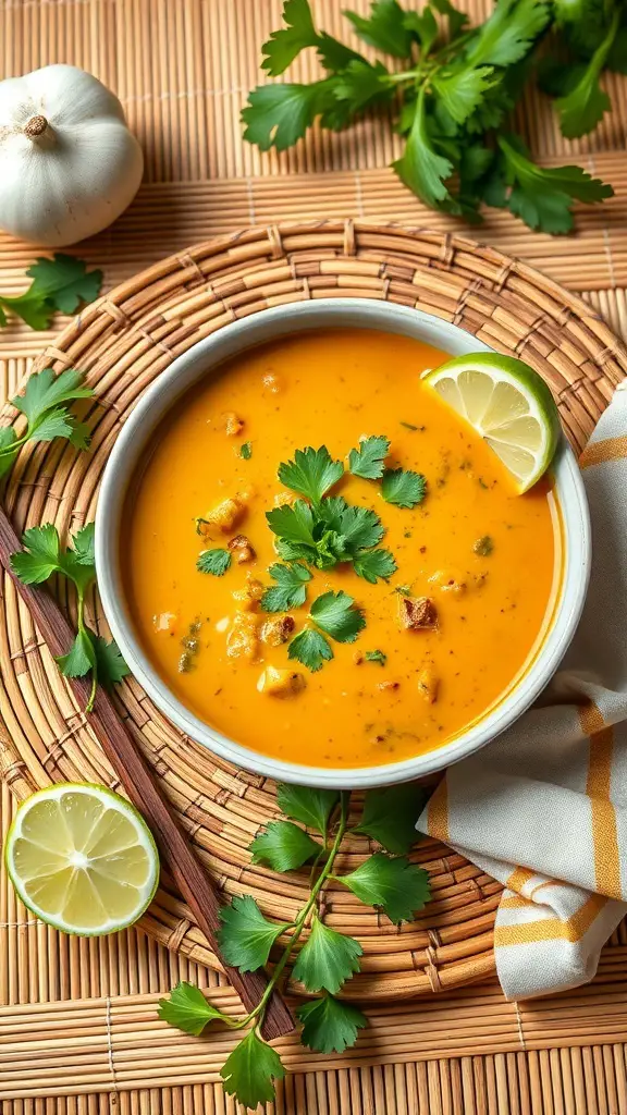 A bowl of Thai Coconut Curry Lentil Soup garnished with cilantro and lime on a woven mat.