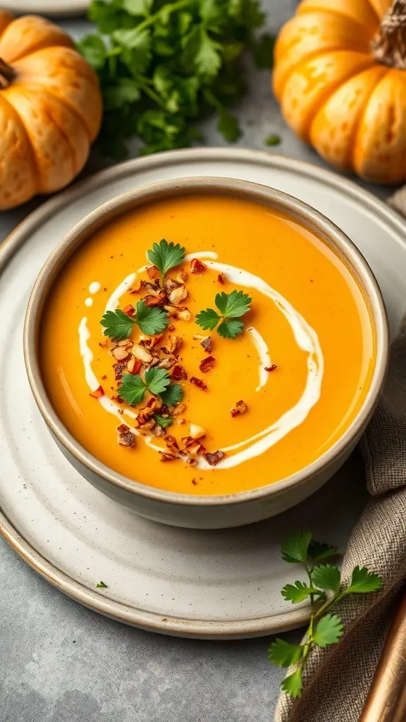 A bowl of Coconut Curry Pumpkin Soup garnished with herbs and spices, surrounded by small pumpkins.