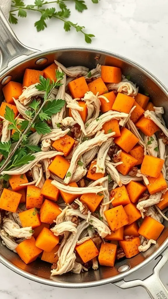 A skillet filled with shredded turkey and diced sweet potatoes garnished with fresh herbs.