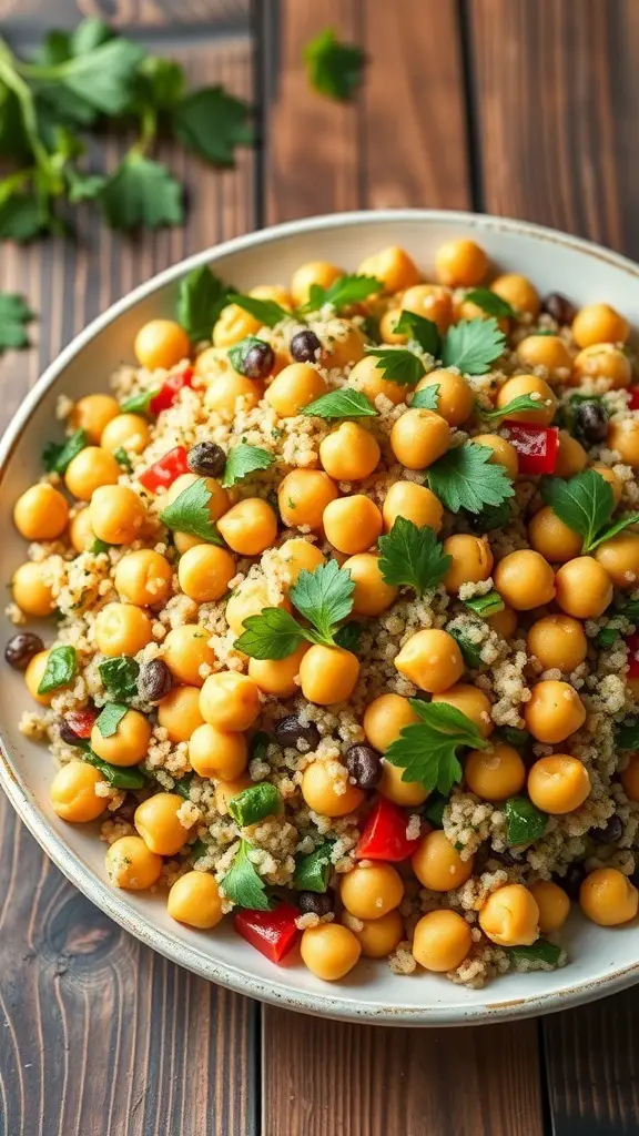 A colorful bowl of chickpea and quinoa salad with parsley and bell peppers.