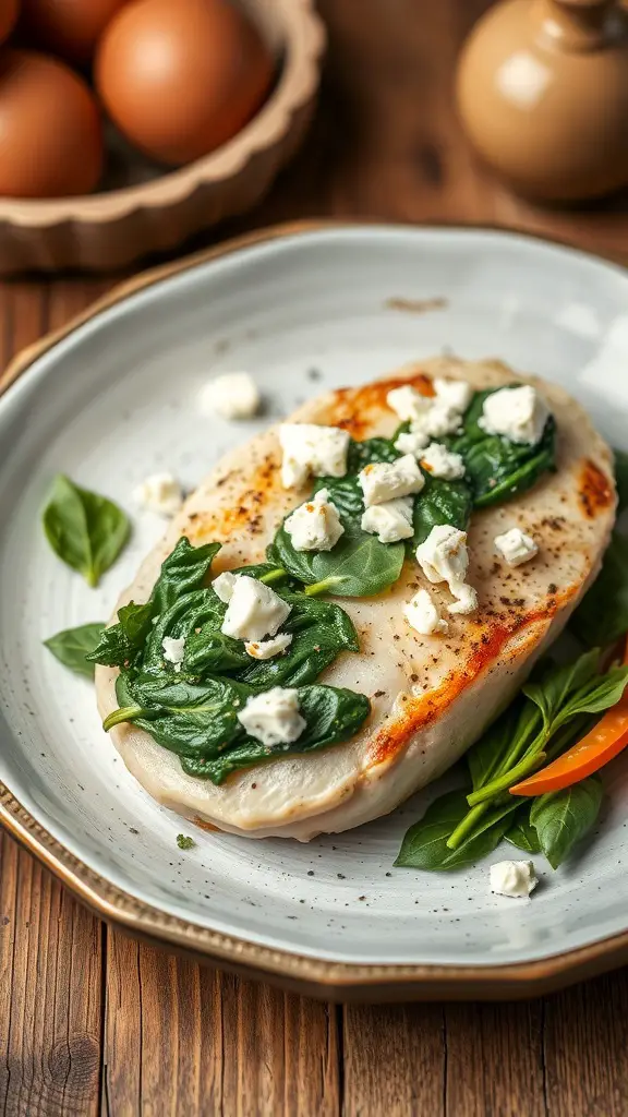 Stuffed chicken breast with spinach and feta on a plate, garnished with fresh greens and a hint of spice.