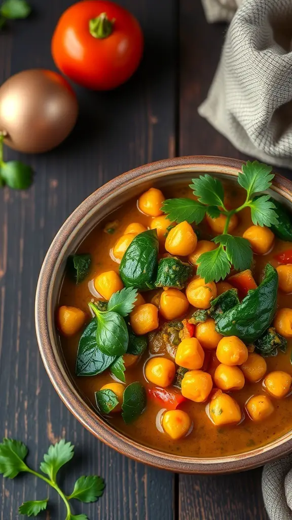 A bowl of chickpea and spinach curry with fresh herbs, surrounded by tomatoes and a cloth.