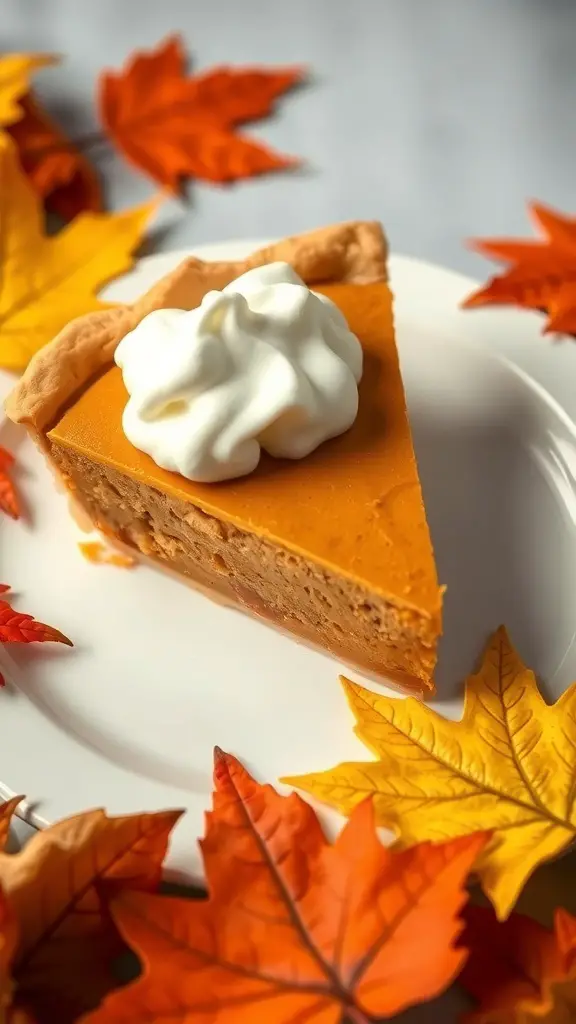A slice of pumpkin pie topped with whipped cream, surrounded by autumn leaves.