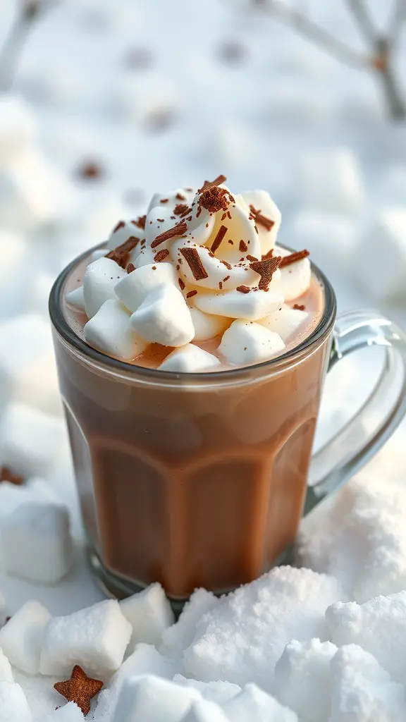 A cozy mug of hot chocolate topped with marshmallows, surrounded by snow.