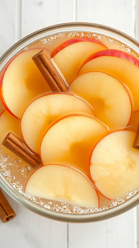 A bowl of sparkling apple cider punch with apple slices and cinnamon sticks