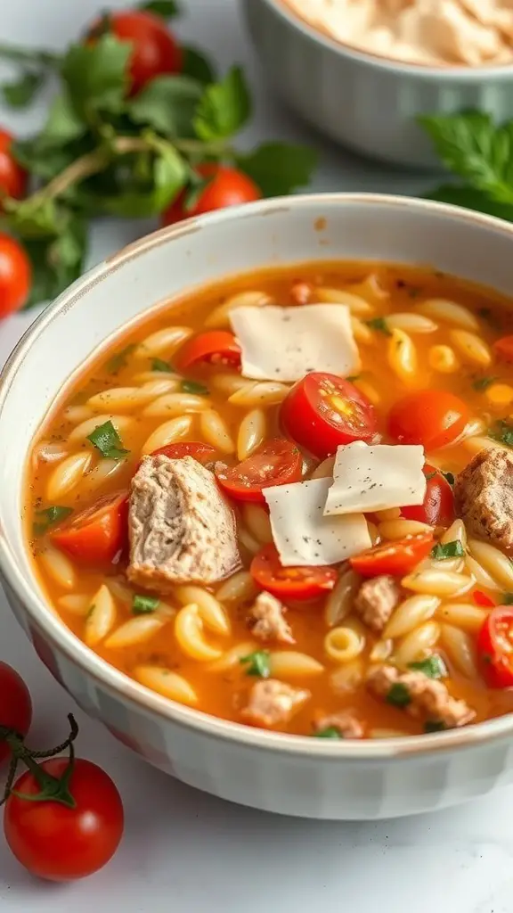 A bowl of Italian Turkey and Orzo Soup with cherry tomatoes and herbs