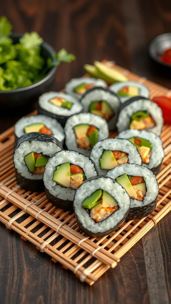 A plate of sushi rolls with cucumber, arranged neatly on a bamboo mat.