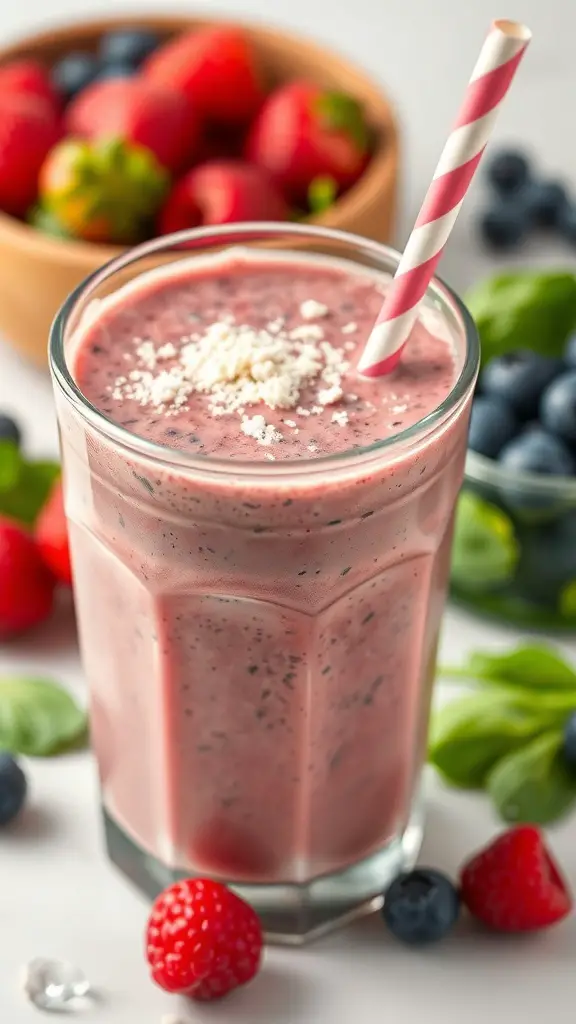 A protein-packed breakfast smoothie made with berries and spinach, topped with a sprinkle of protein powder.