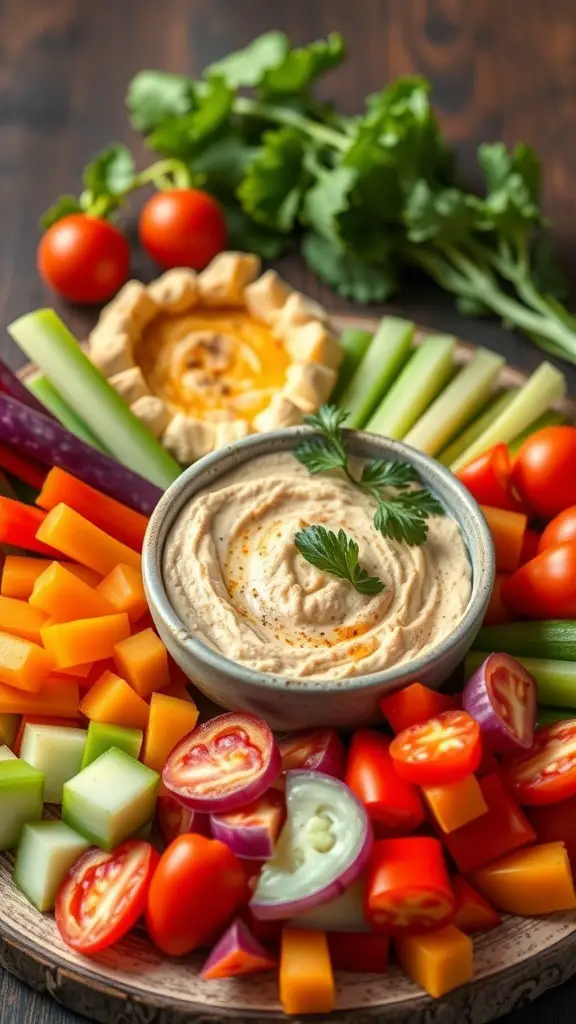 A colorful hummus and veggie platter featuring a bowl of hummus surrounded by fresh vegetables like carrots, cucumbers, bell peppers, and cherry tomatoes.