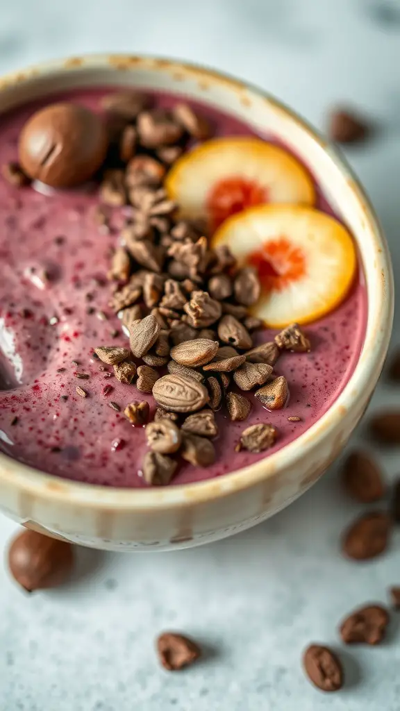 An acai bowl topped with cacao nibs and fruit slices.