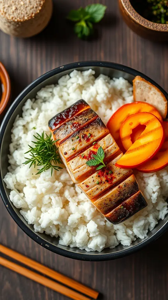 A bento box featuring rice and grilled fish, garnished with herbs and accompanied by slices of fresh fruit.