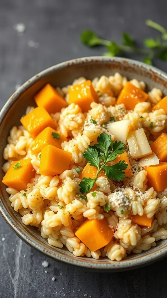 A bowl of butternut squash risotto with cubes of squash and a sprinkle of herbs on top.