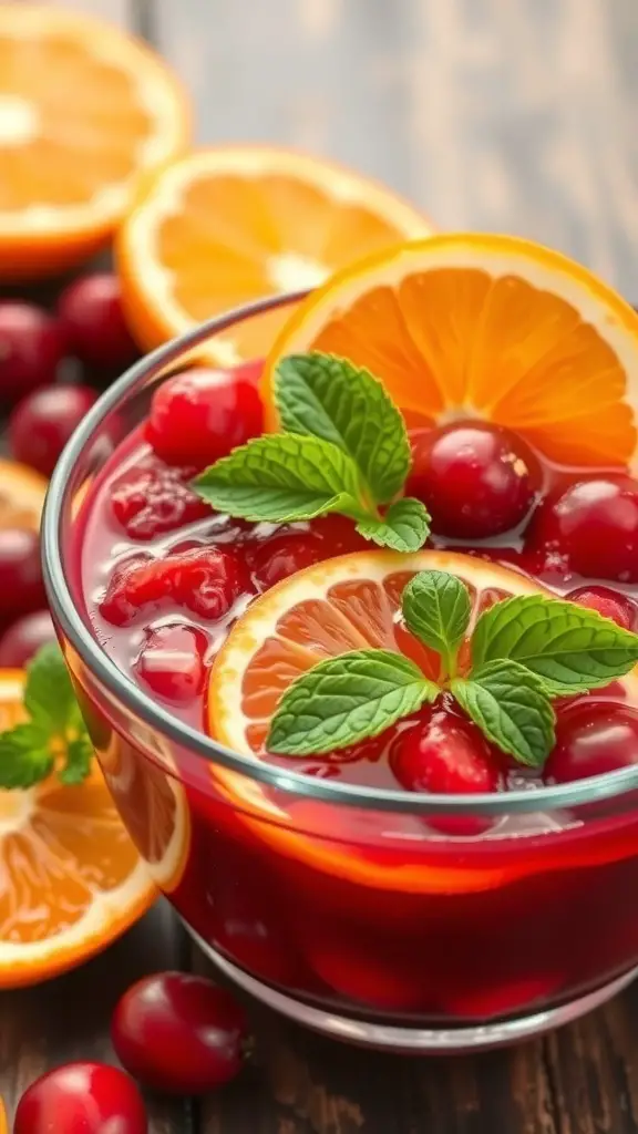 A bowl of cranberry orange relish garnished with mint, surrounded by fresh cranberries and orange slices.