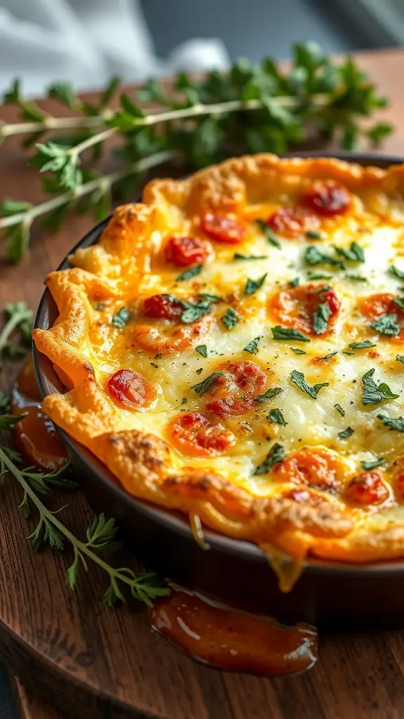 A delicious Cheesy Cellentani Bake topped with cherry tomatoes and fresh herbs.