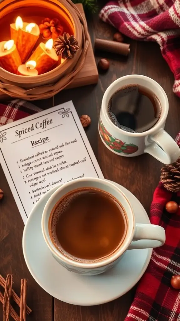 A cozy setup featuring spiced coffee, candles, and a recipe card.