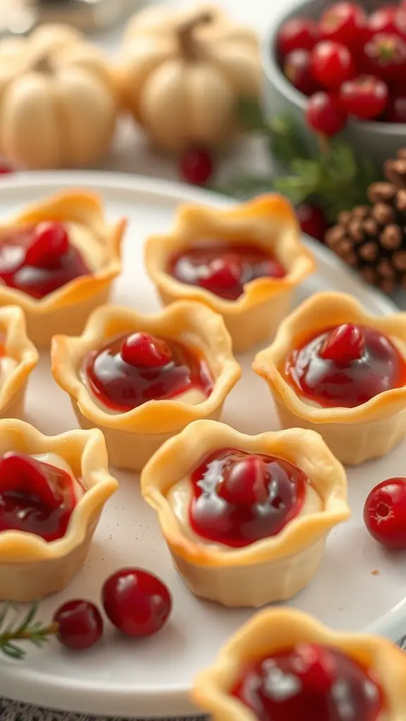 A plate of cranberry brie bites with fresh cranberries and decorative pumpkins.