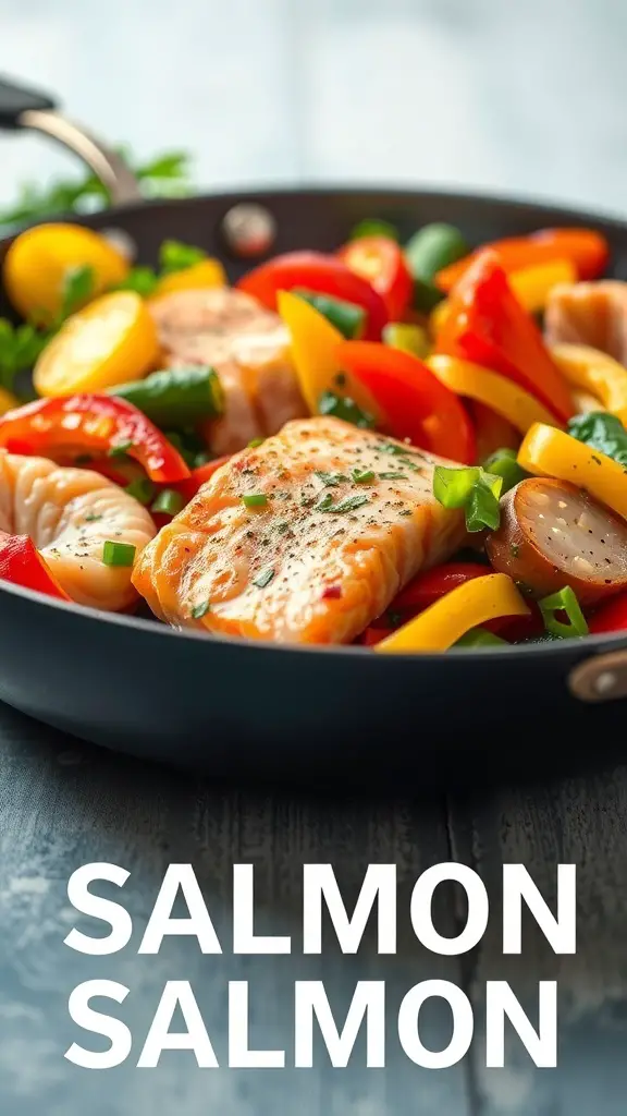 A colorful stir-fry with canned salmon and assorted vegetables in a pan.