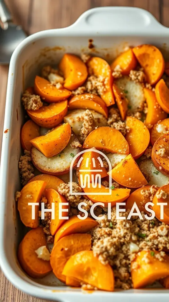 A baked butternut squash gratin with golden slices and a crispy topping.