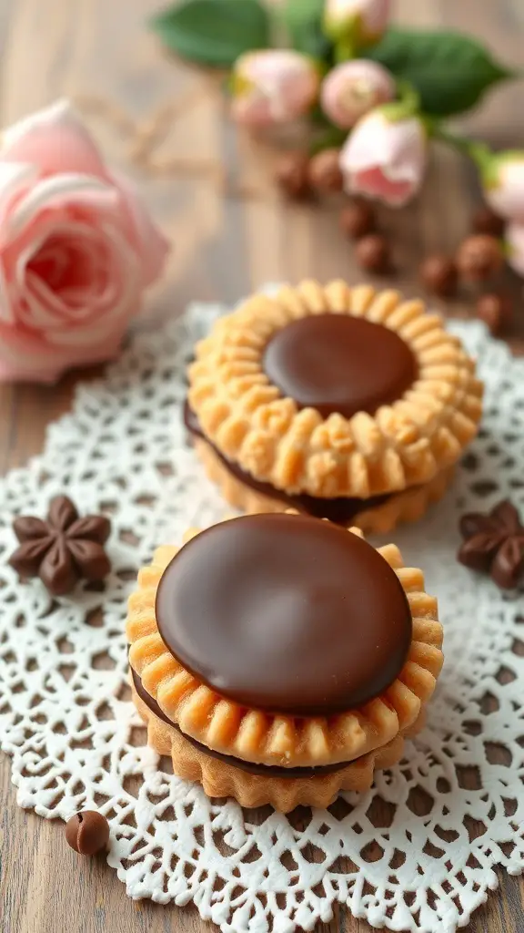 Baci di Dama cookies with chocolate filling on a lace doily, surrounded by flowers and chocolate drops.