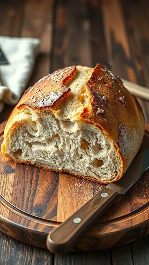 A freshly baked sourdough bread loaf with a golden crust, sliced to show its airy interior.
