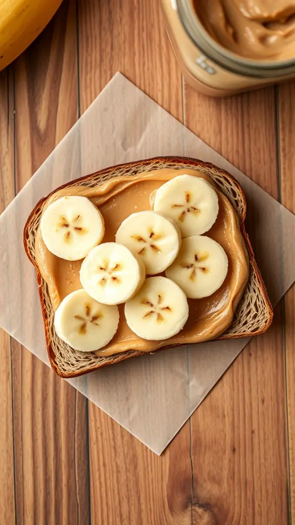 A slice of toast topped with nut butter and banana slices.