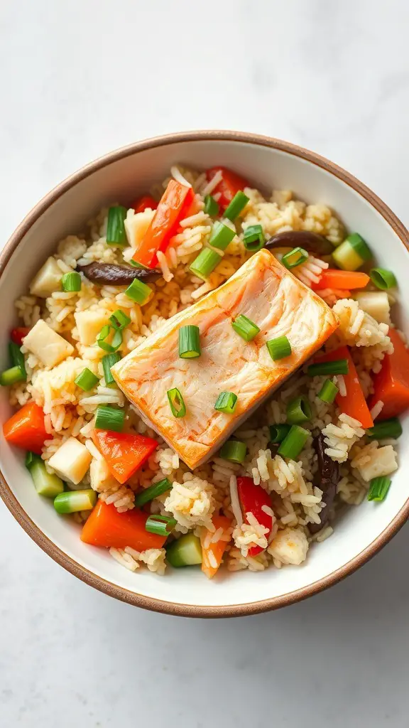 A bowl of salmon fried rice with colorful vegetables and a piece of salmon on top.