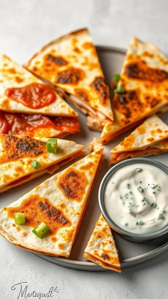 Plate of buffalo chicken quesadillas with dipping sauce