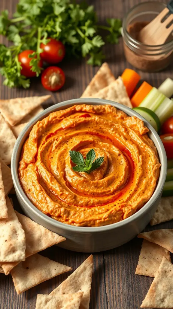 Bowl of roasted red pepper hummus surrounded by pita chips and fresh vegetables.