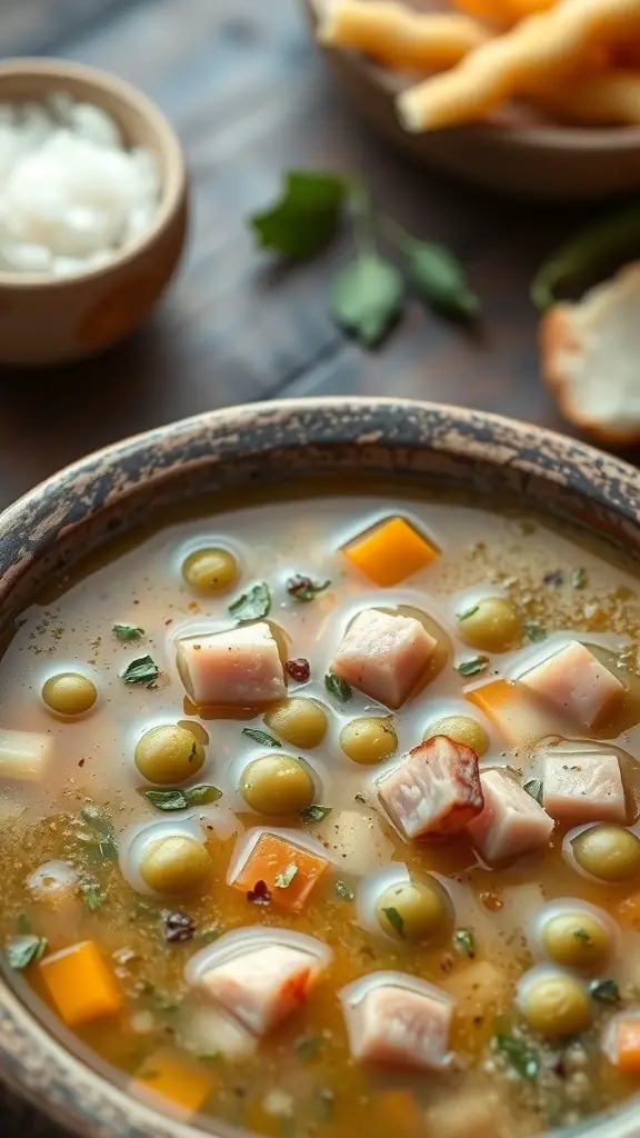 A bowl of split pea soup with ham, featuring green peas, ham chunks, and diced vegetables.