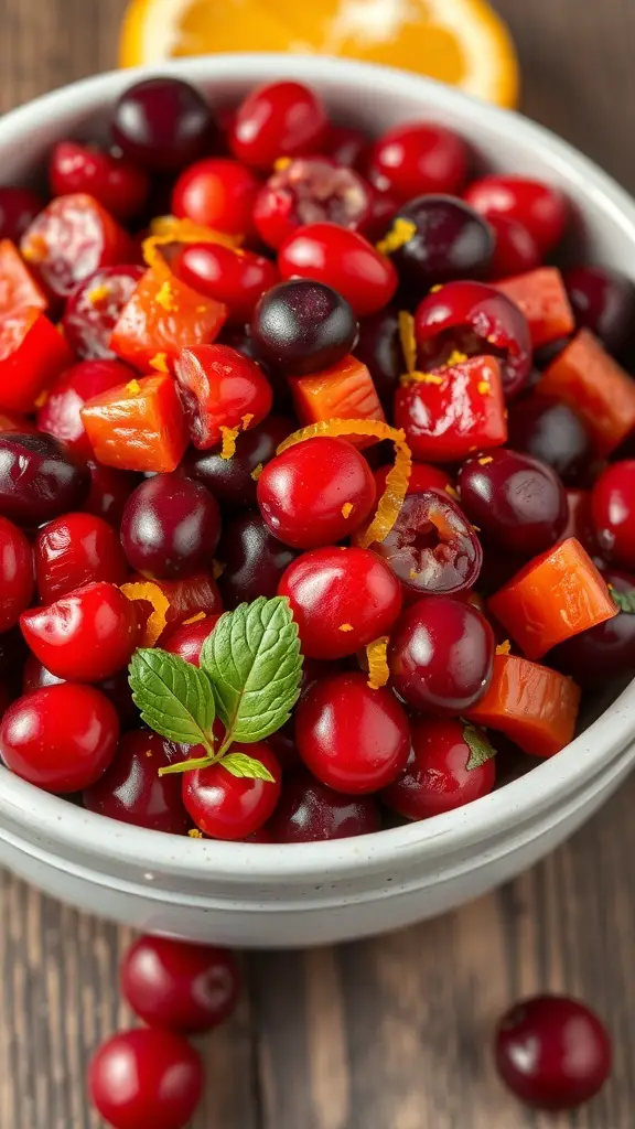 A bowl of cranberry orange relish with fresh cranberries and orange pieces, garnished with mint.