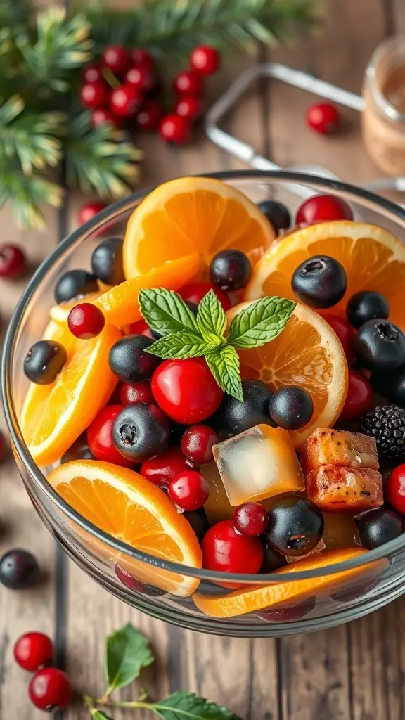 A vibrant bowl of Christmas fruit salad with oranges, blueberries, cranberries, and mint leaves.
