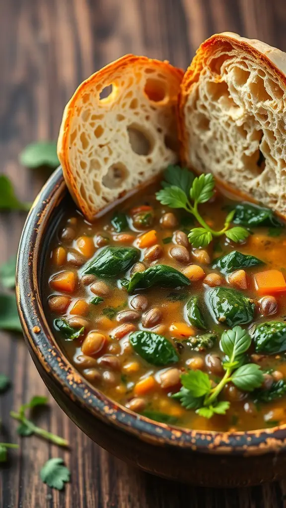 A bowl of lentil and spinach soup with a slice of bread on the side, garnished with fresh herbs.