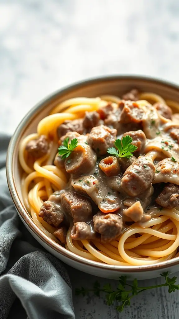 A bowl of Beef Stroganoff served over egg noodles, garnished with fresh herbs.