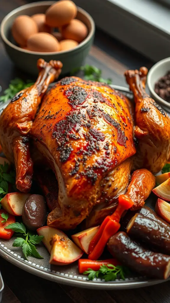 A beautifully roasted Cajun turkey surrounded by fresh herbs, red peppers, and apples.