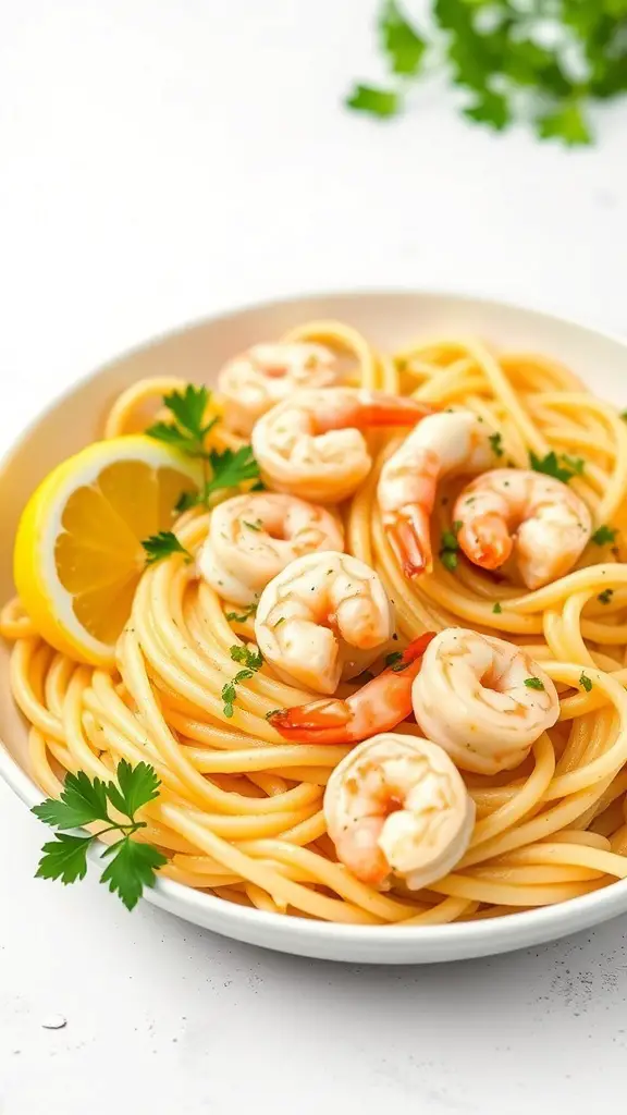A plate of Lemon Garlic Shrimp Rigatoni with shrimp, lemon, and parsley