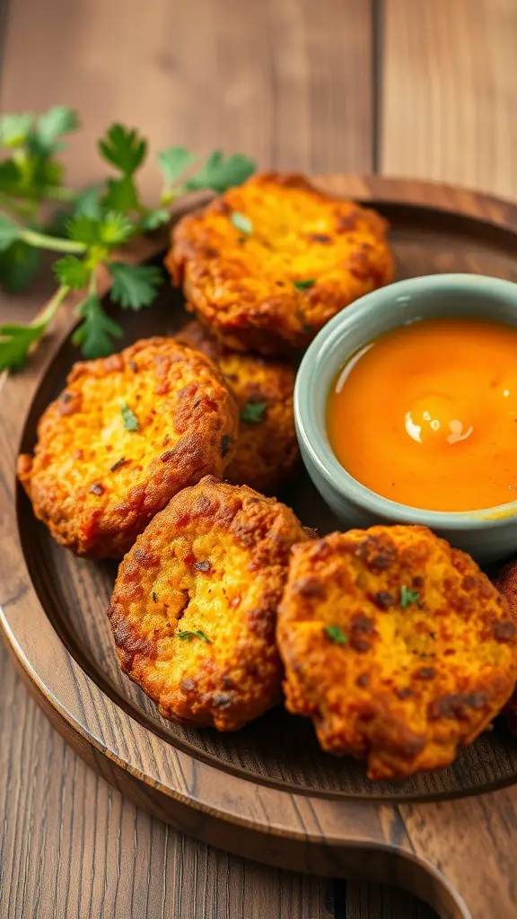 Plate of butternut squash fritters with dipping sauce