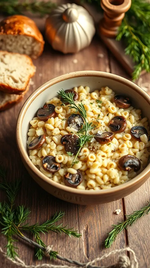 A bowl of creamy mushroom risotto garnished with herbs, with bread and decorative items in the background.