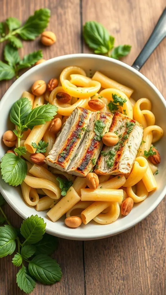 A bowl of macaroni pasta with grilled chicken, pesto, and nuts, garnished with fresh herbs.
