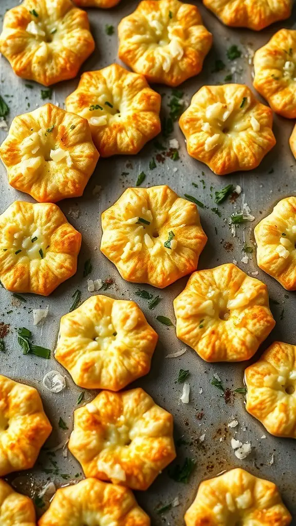 A tray of golden-brown Garlic Parmesan Oyster Crackers sprinkled with herbs.