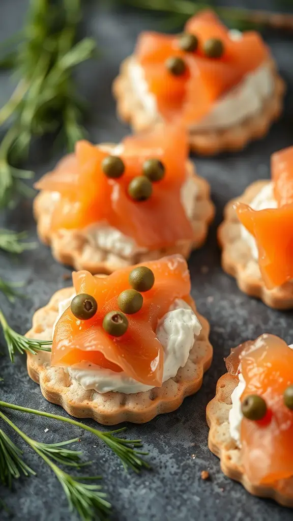 Crackers topped with cream cheese and smoked salmon, garnished with capers and herbs.