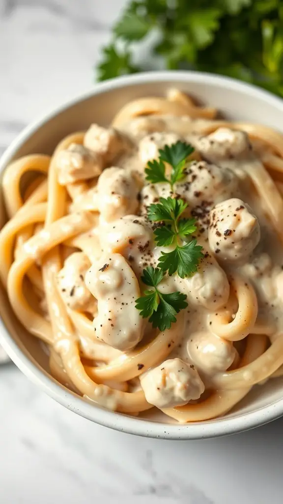 A bowl of Keto Chicken Alfredo with fettuccine noodles, chicken pieces, and parsley garnish.