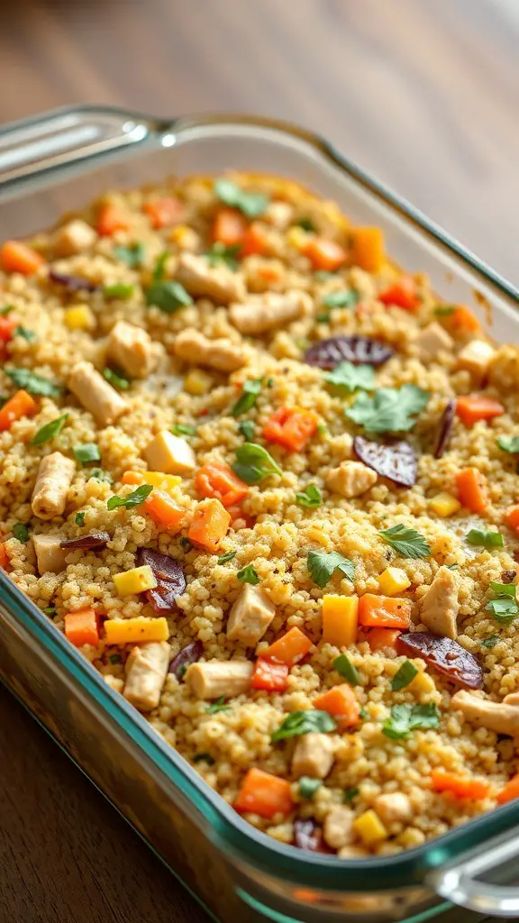A colorful turkey and quinoa casserole with vegetables in a glass baking dish.