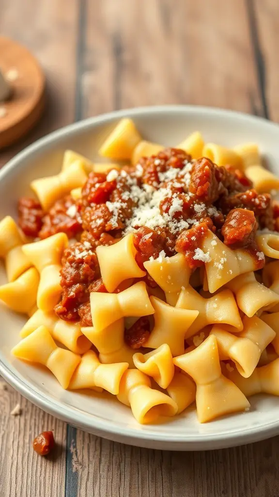 A plate of bow tie pasta topped with Bolognese sauce and grated cheese.