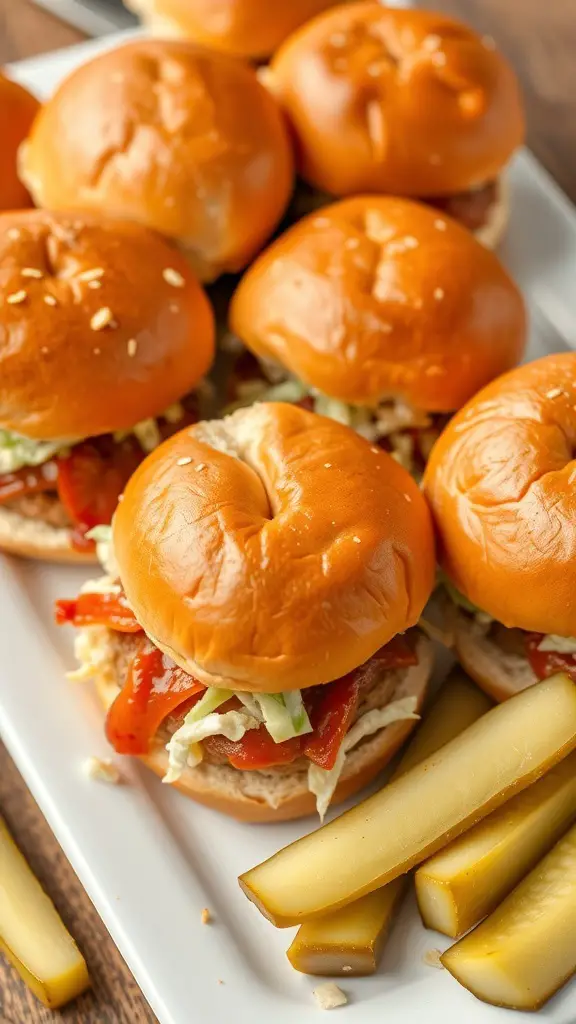 A platter of turkey BBQ sliders with pickles on the side.