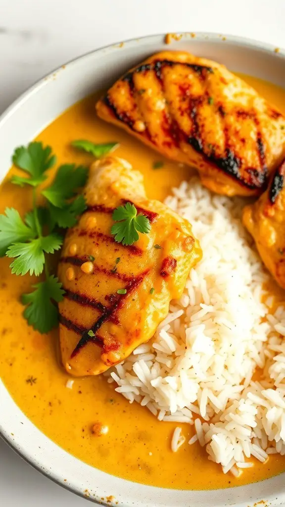 Baked chicken tenderloins in coconut curry sauce with rice