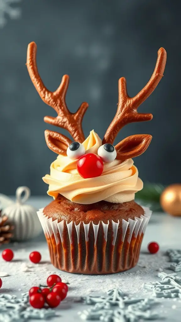 A festive reindeer cupcake with chocolate antlers, a red nose, and creamy frosting.