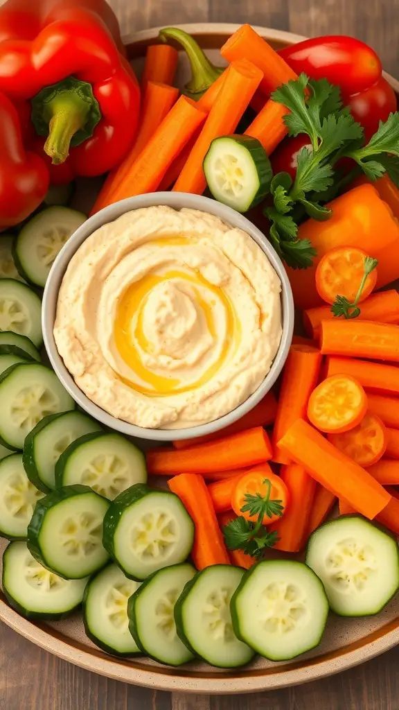 A colorful hummus and veggie platter featuring hummus in a bowl surrounded by sliced cucumbers, carrots, bell peppers, and cherry tomatoes.