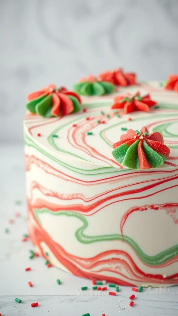A beautifully decorated marble cake with holiday swirls in red and green frosting, topped with festive decorations.
