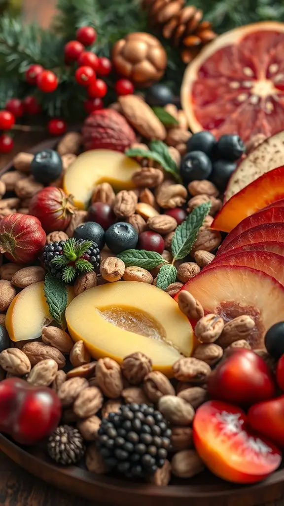 A colorful holiday fruit and nut platter with apples, berries, peaches, and assorted nuts.